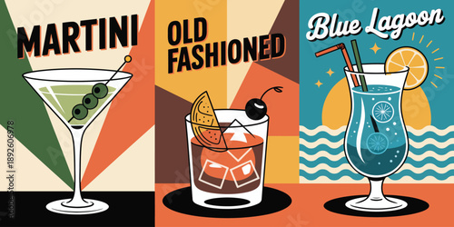 Martini cocktail, retro MARTINI drink poster featuring olive garnish and orange radiating lines on green backdrop