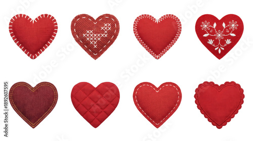 Red fabric heart set including stitched, embroidered, quilted, denim, and lace variants isolated. Valentines day and wedding craft collection.