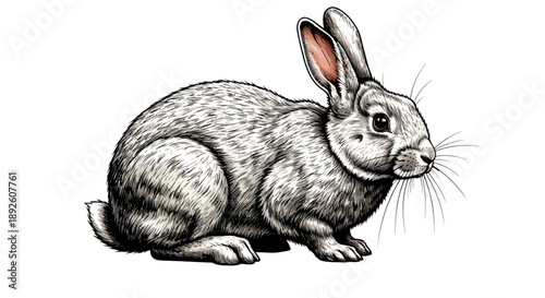 A detailed illustration of a rabbit sitting on a plain white canvas, viewed from the side with high contrast and sharp edges.