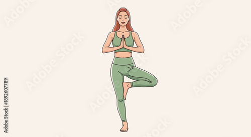 Woman in yoga tree pose finding peace and balance.