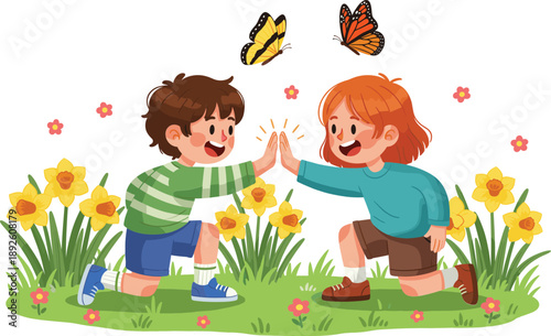 Cute children high fiving in flower meadow with butterflies, joyful friendship scene, spring nature cartoon illustration