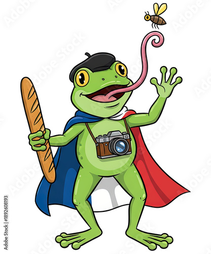 An illustrated frog, clad in a French-themed ensemble, playfully extends its tongue towards a flying insect, clutching a baguette. Isolated Background, PNG