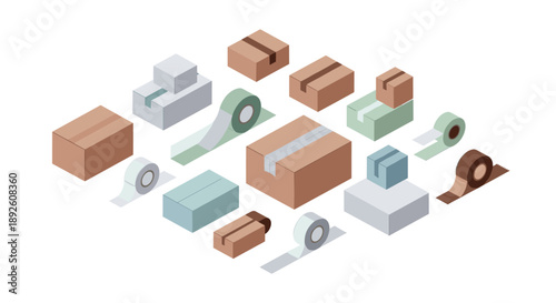 Isometric View of Various Cardboard Boxes and Rolls of Packaging Tape for Shipping and Moving Logistics Services.