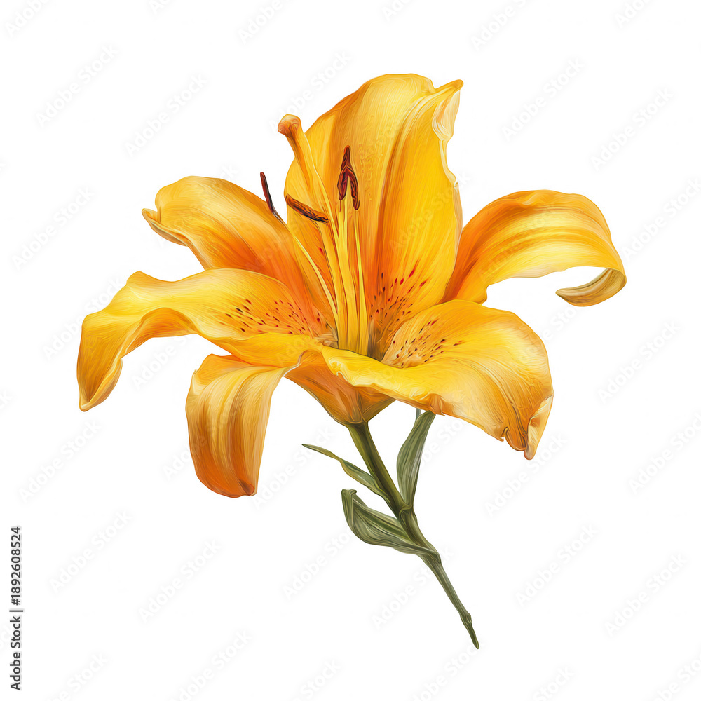 Obraz premium Bright yellow lily flower with green stem isolated on a transparent background