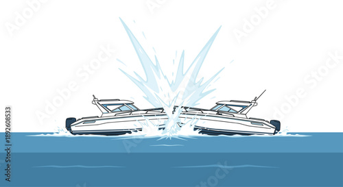 Two Motorboats Crashing Head-on with a Massive Water Splash on a Deep Blue Sea Showing a Dangerous Accident.