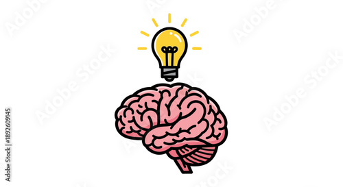 Creative concept illustration of a brain with a glowing light bulb idea.