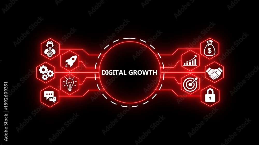 Fototapeta premium DIGITAL GROWTH concept with glowing technology icons on a dark background. Futuristic digital network showing business growth, startup ideas, strategy, security, target achievement, 