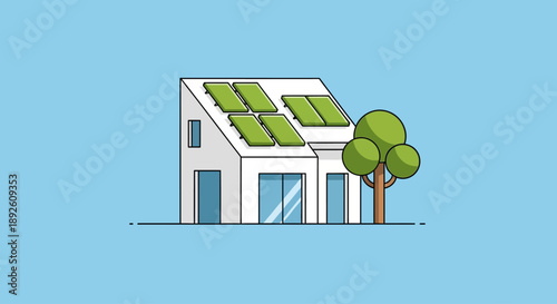 Modern house with solar panels and a tree
