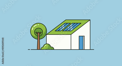 Minimalist illustration of an eco-friendly house with solar panels and a green roof.