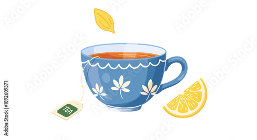 Charming cartoon illustration of a hot steaming tea cup with lemon