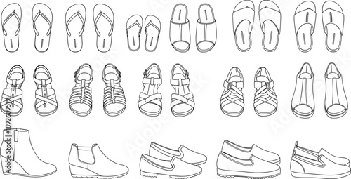 Footwear line icon set showing flip flops sandals slippers boots and casual shoes for fashion retail ecommerce and catalog design use