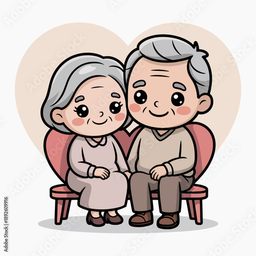 A cute illustration of an elderly couple sitting close on a bench, their expressions full of warmth and affection.