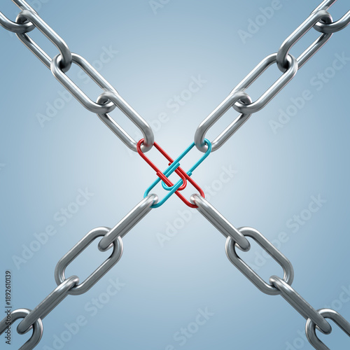 Tableau sur toile Conceptual studio shot of two metal chains crossing in an X shape, linked at the center by fragile red and blue paperclips