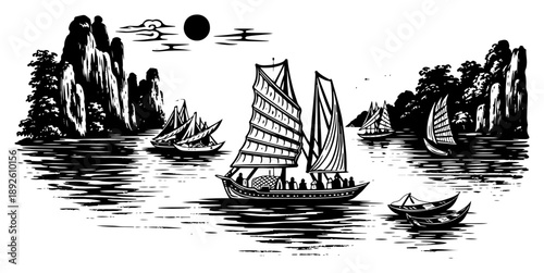 Black and white woodcut illustration of Halong Bay landscape with traditional junk boats