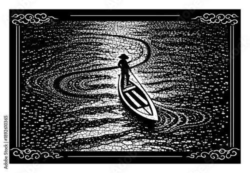 Stylized top view of boatman on textured river with decorative frame