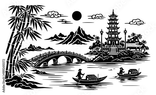 Detailed asian landscape vector with bamboo and bridge leading to pagoda tower