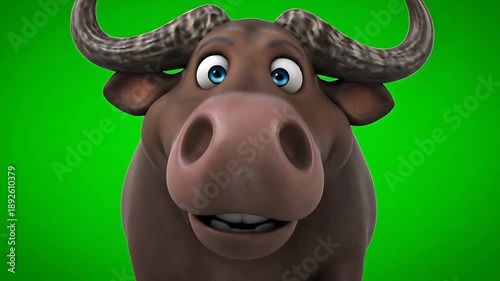 Cartoon Bull with Horns on Green Background.