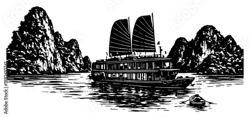 Silhouette vector illustration of a junk boat sailing in Ha Long Bay