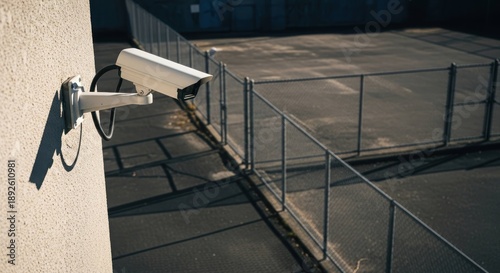 CCTV camera mounted on a wall overlooking a fenced area at night.