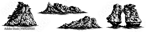Collection of isolated karst mountain and rock islands in woodcut style