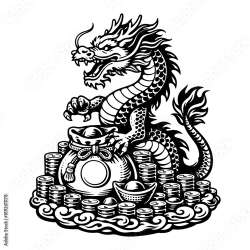 Traditional Chinese dragon wrapping around a bag of gold coins