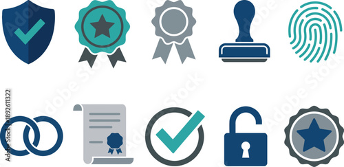 Professional authenticity trust symbols collection with shield checkmark seal ribbon award in deep blue teal grey for verification certification quality branding design