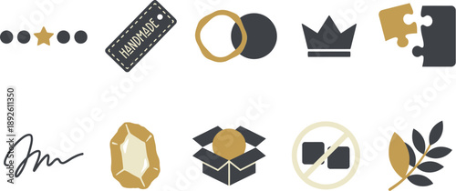 Originality uniqueness icons set with crown puzzle piece signature gemstone in muted gold charcoal cream for distinctive individual branding design