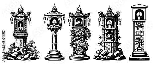 Collection of traditional stone garden lanterns and lamps in monochrome style