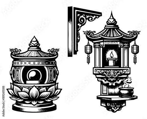 Ornate asian incense burner with lotus and hanging wall lantern