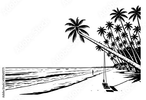 Relaxing beach landscape sketch with a swing on a leaning palm tree