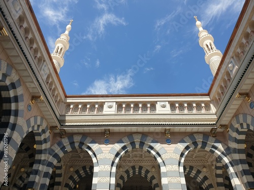 Madina, Saudi Arabia - March 10, 2025 : Aerial view of Masjidil Nabawi at Madinah Al Munawwarah with blurred background. Architecture photography concept design. Prophet Rasul Muhammad SAW Masjid.