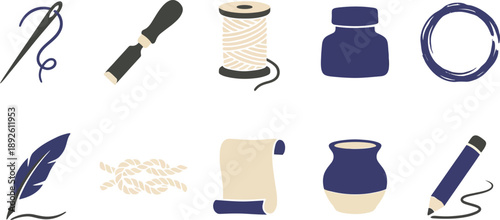 Handmade crafted icons set with needle chisel twine quill knot scroll in indigo cream charcoal for artisan craft branding design