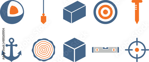 Structural integrity core truth symbols with sphere plumb line foundation bullseye in slate blue orange grey for stability strength branding design