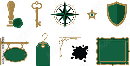 Verified origin heritage symbols with wax seal key compass star shield in emerald brass black for authentic provenance branding design