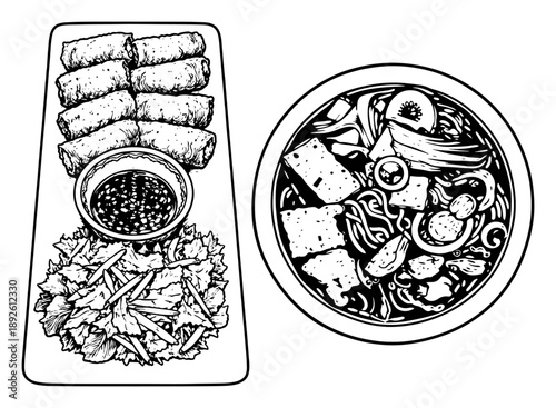 Top view vector illustration of vietnamese fried spring rolls and traditional noodle soup bowl