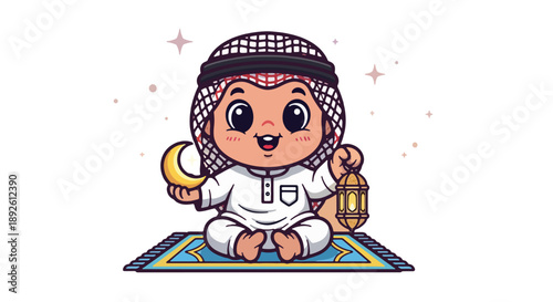 A young boy in traditional attire sits on a prayer mat holding a crescent moon and lantern