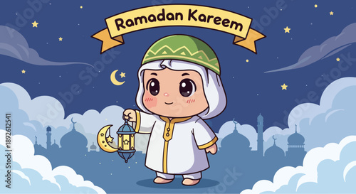 A young cartoon boy celebrates Ramadan Kareem with a lantern in a serene night sky environment