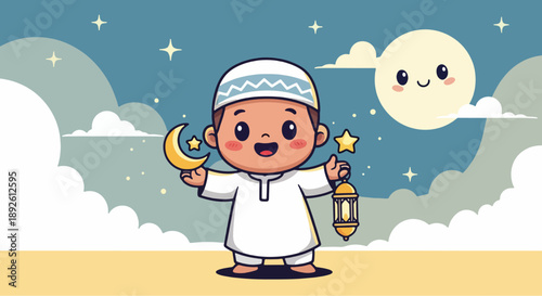 A young boy in white robes holds a lantern and crescent moon in a serene night sky scene