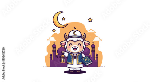 A cartoon sheep stands proudly holding a sacred book under a glowing crescent moon and stars near a majestic mosque.
