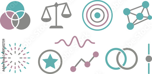 Sensory processing balance symbols with Venn diagram scale rings nodes in teal mauve grey for integration harmony branding design