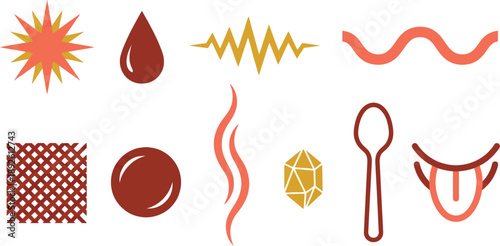 Flavor taste themed icons with flavor burst essence droplet sour sweet bitter in coral mustard brick red for culinary sensory branding design