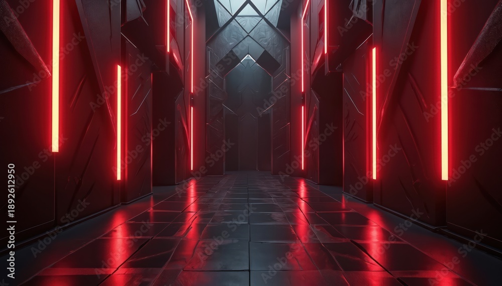 Fototapeta premium Dark futuristic corridor with red neon lights. Geometric walls and reflective floor create a sense of depth and mystery. Sci-fi tunnel with intense lighting.