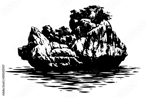 Dramatic limestone rocky islands and karst mountains rising from the sea