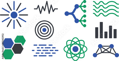 Sensory integration neural pathways icons with pulse signal nodes flow in royal blue emerald charcoal for cognitive connection branding design