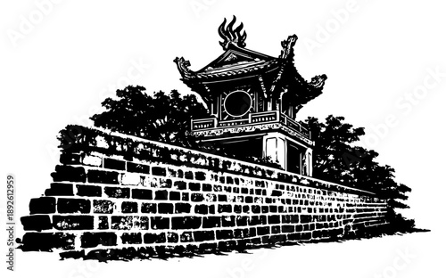 Ancient brick wall leading to a traditional asian pagoda tower pavilion