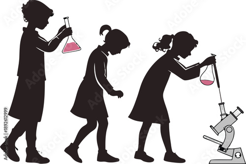 Silhouettes of young scientists conducting experiments