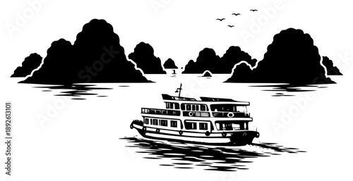 Black and white vector illustration of cruise boat sailing in halong bay vietnam