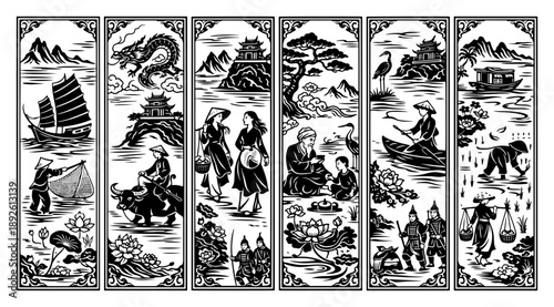 Set of vertical panels featuring traditional Vietnamese life and landscapes in woodcut style