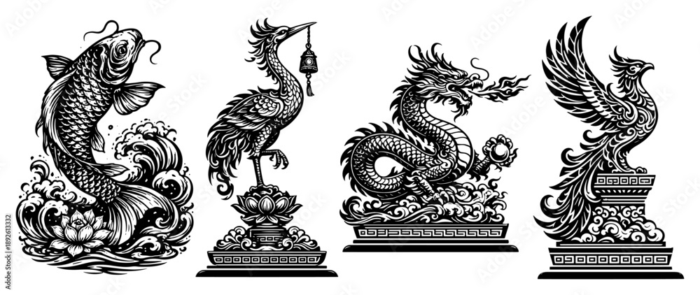 Fototapeta premium Set of mythical oriental creatures including dragon phoenix crane and koi fish on ornate pedestals