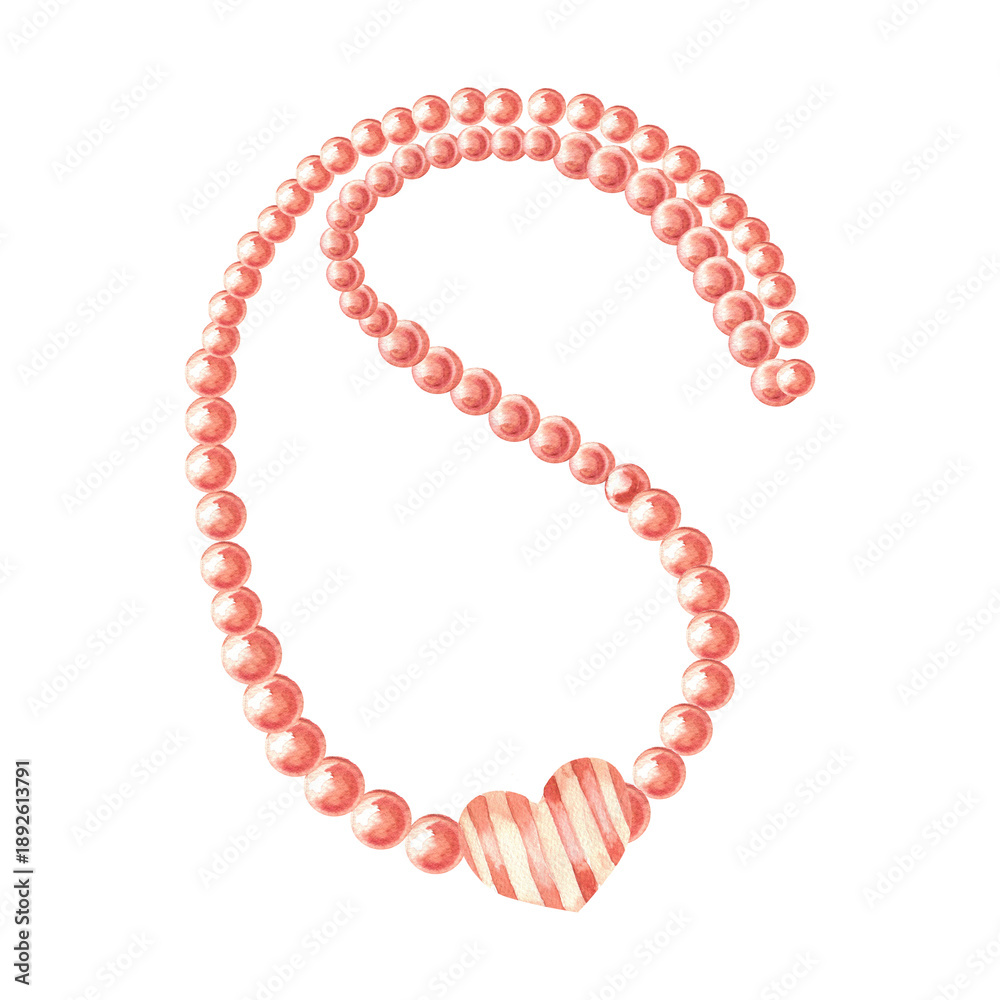 Obraz premium Girlish rococo pink necklace with watercolor pearls and romantic striped heart illustration. Valentine's day festive element for poster,cad, wedding invitation design.Luxury chic women accessories